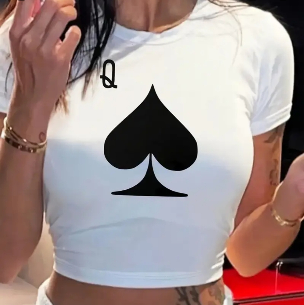 SHEIN White Crop Top with Black Spade Graphic